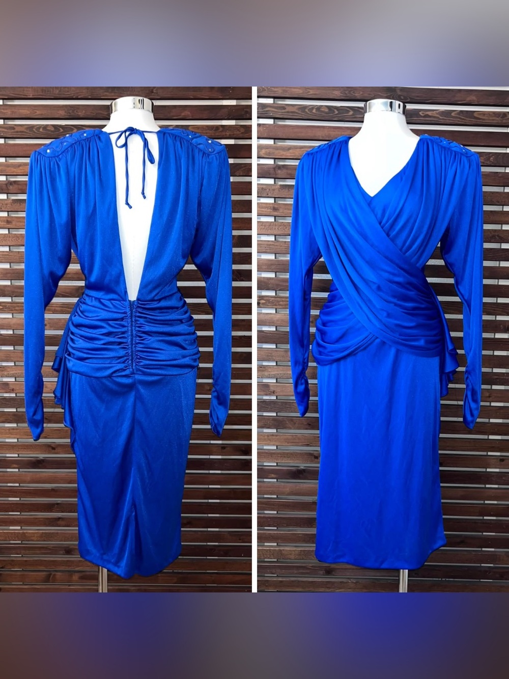 1980s Vintage Blue Draped Disco Long Sleeve Midi Dress w/ Shoulder Rhinestones